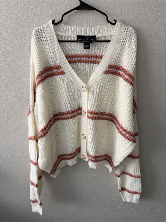 Polly & Esther Sweaters - Polly & Esther Cream Cardigan with Orange, Purple and Pink Stripes Size XL